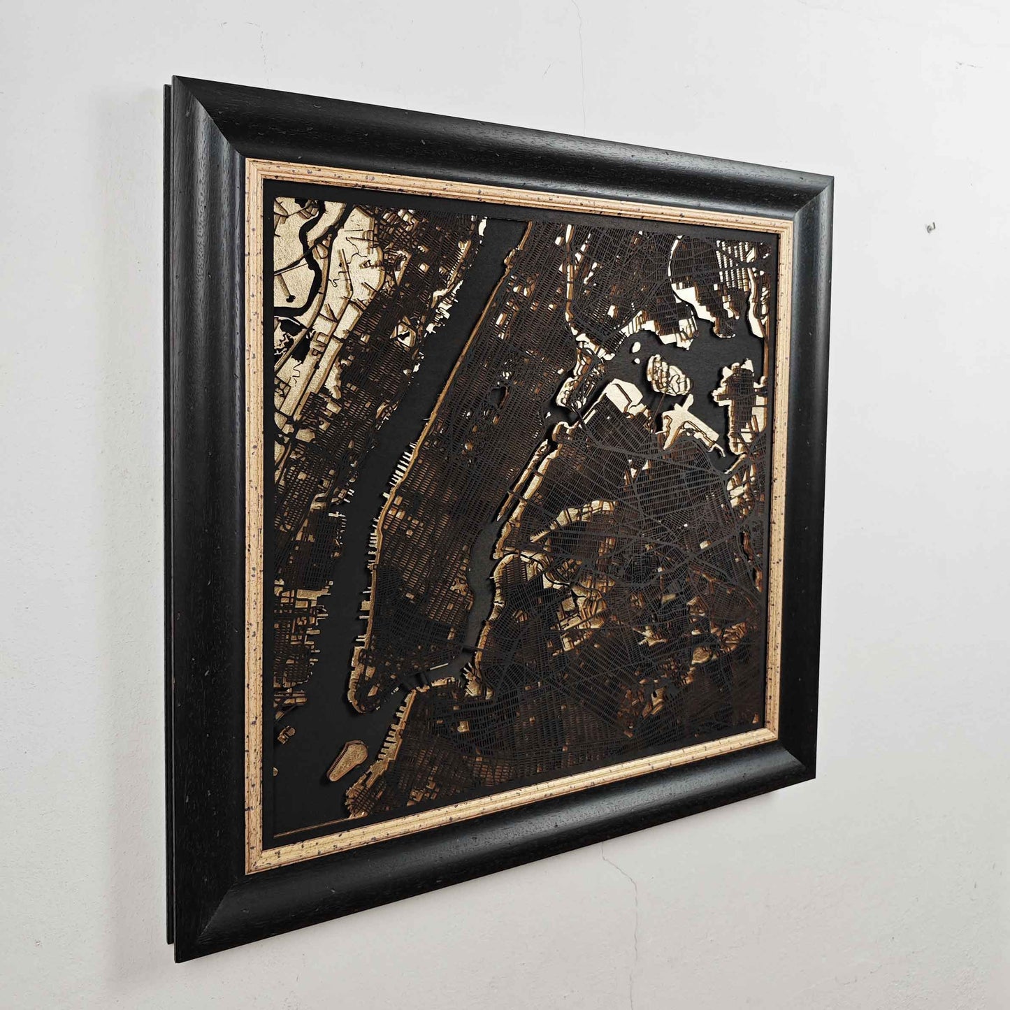 New York Luxury 3D Wooden Map – Black & Gold Edition
