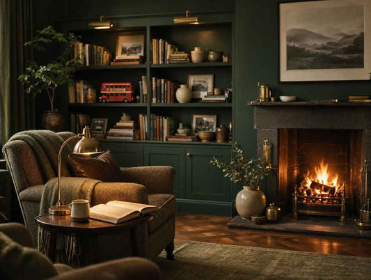 Cozy modern British living room with a lit fireplace and built-in bookshelves