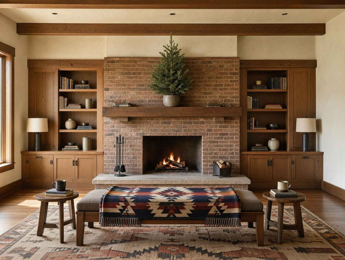 Symmetrical craftsman-style living room with a centered fireplace flanked by built-in wood shelving