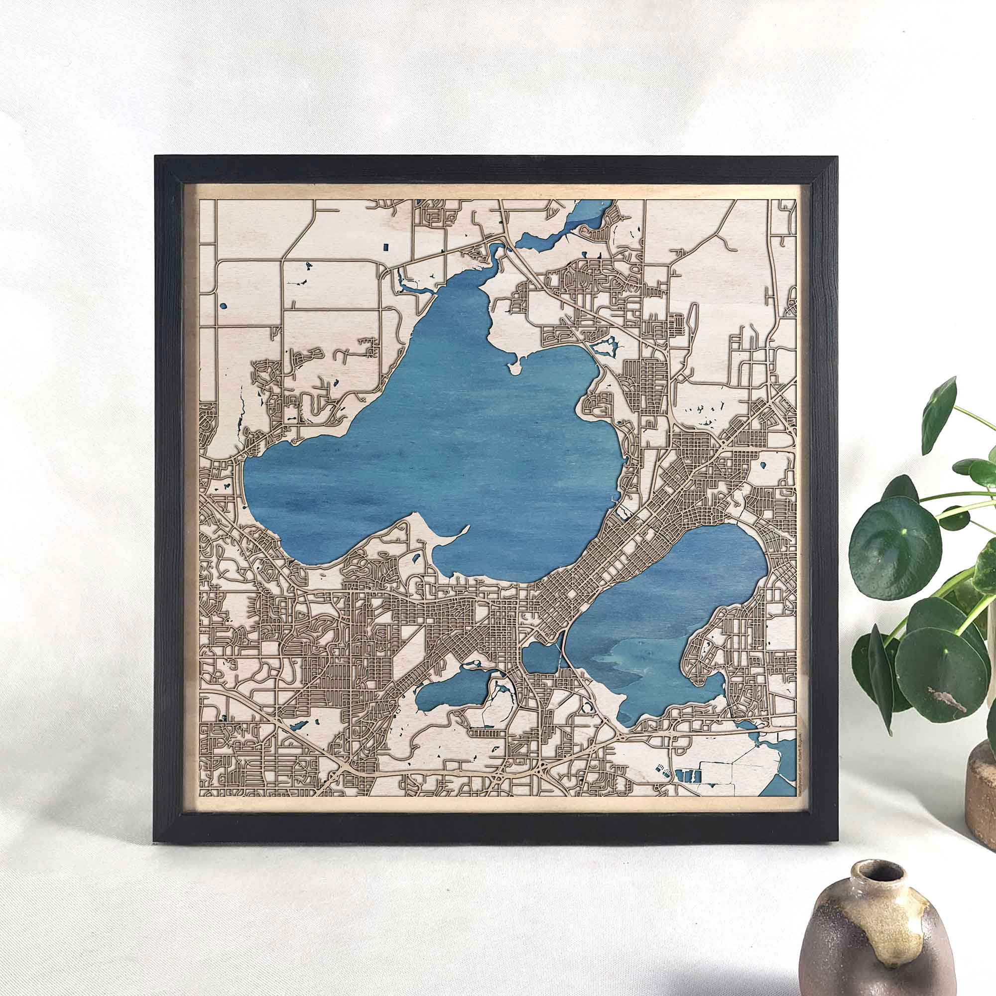 Wooden map of Mendota Lake - topographic, bathymetric | CityWood