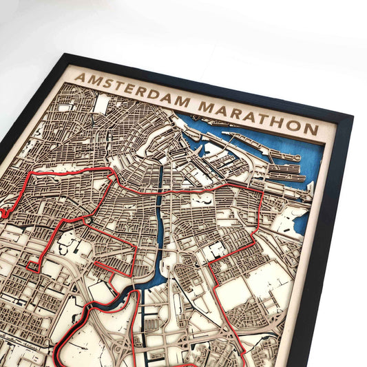 Amsterdam Marathon Course Map - Wall Art Gift by CityWood - Custom Wood Map Art - Unique Laser Cut Engraved - Anniversary Gift