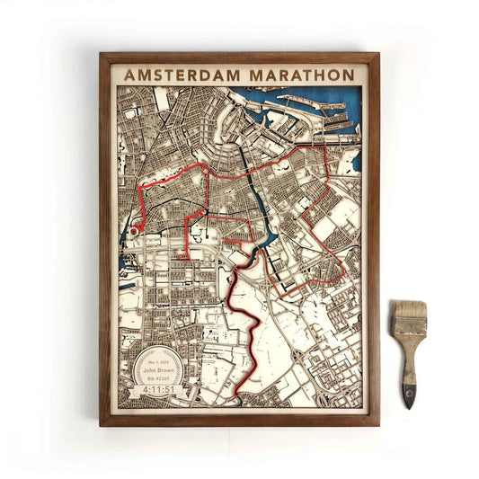 Amsterdam Marathon Commemorative Wooden Route Map – Collector's Item by CityWood - Custom Wood Map Art - Unique Laser Cut Engraved - Anniversary Gift