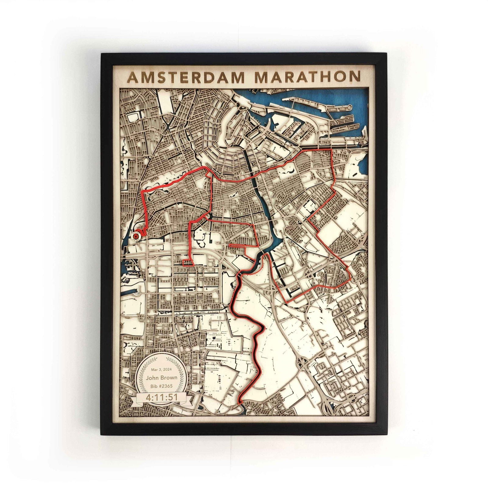 Amsterdam Marathon Course Map - Wall Art Gift by CityWood - Custom Wood Map Art - Unique Laser Cut Engraved - Anniversary Gift
