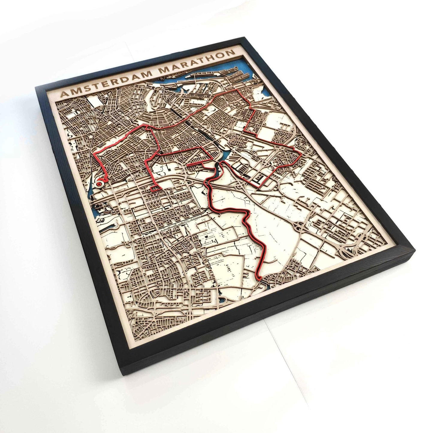 Amsterdam Marathon Course Map - Wall Art Gift by CityWood - Custom Wood Map Art - Unique Laser Cut Engraved - Anniversary Gift