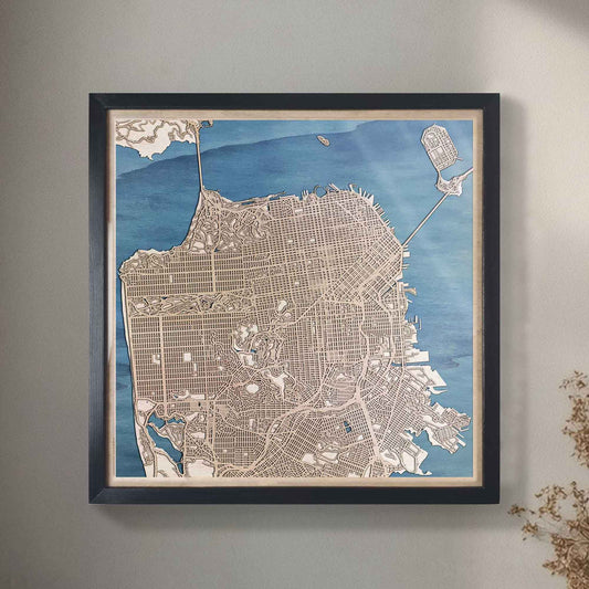 Beautifully detailed San Francisco wood map gift for any occasion.
