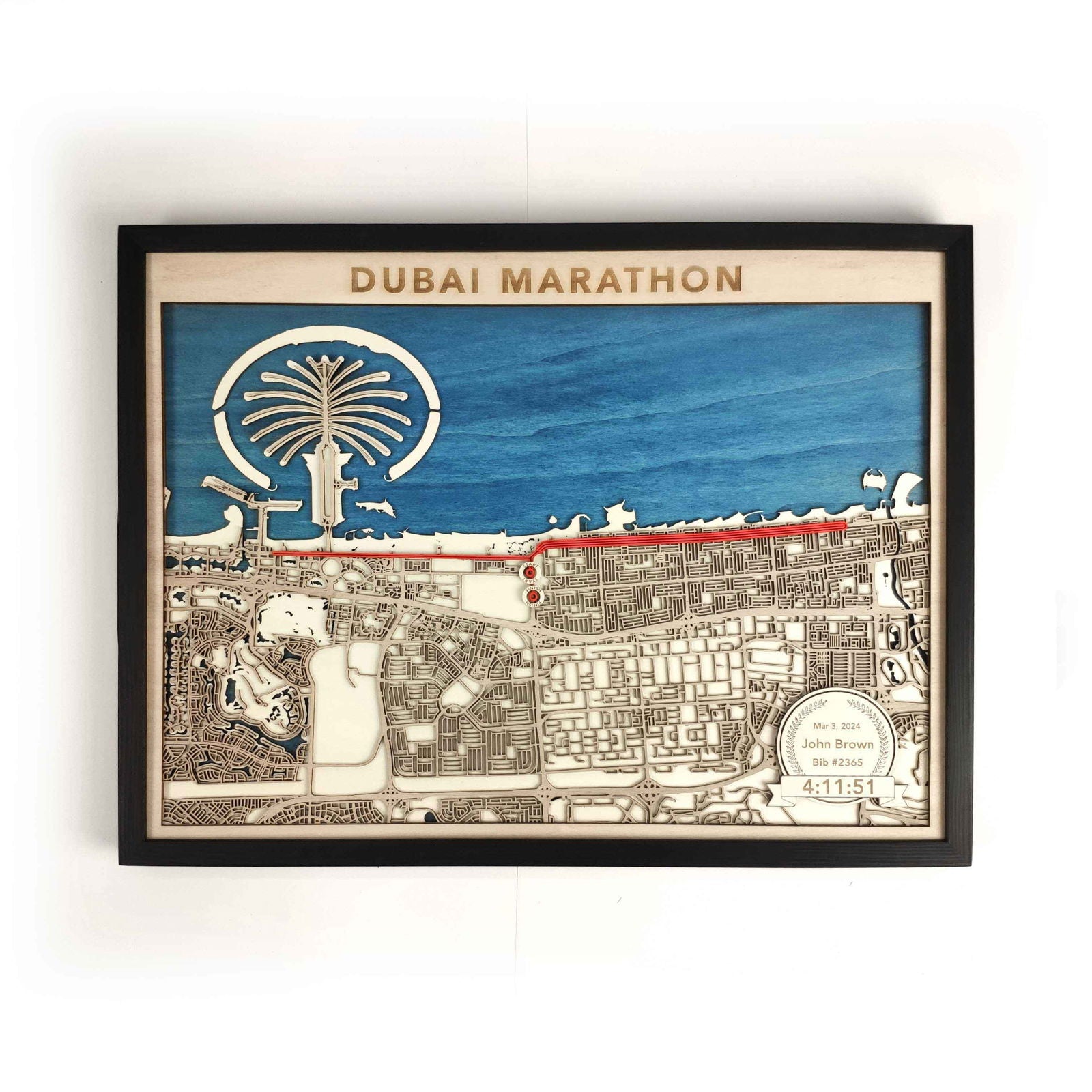 Dubai Marathon Course Map - Wall Art Gift by CityWood - Custom Wood Map Art - Unique Laser Cut Engraved - Anniversary Gift