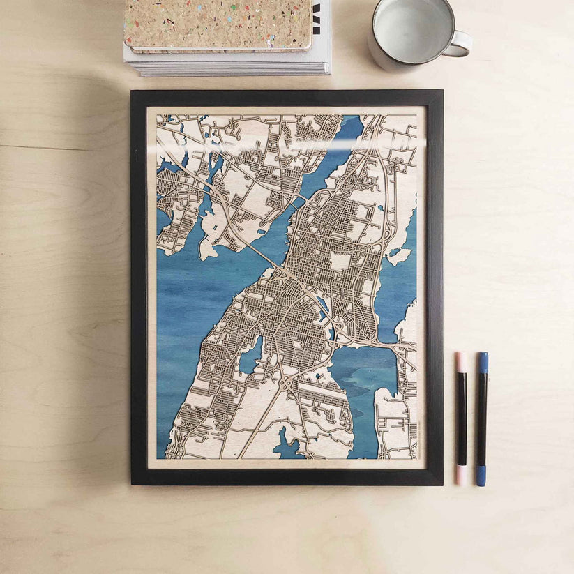 Wooden street map of Fall River - 3D, topographic, laser cut - CityWood