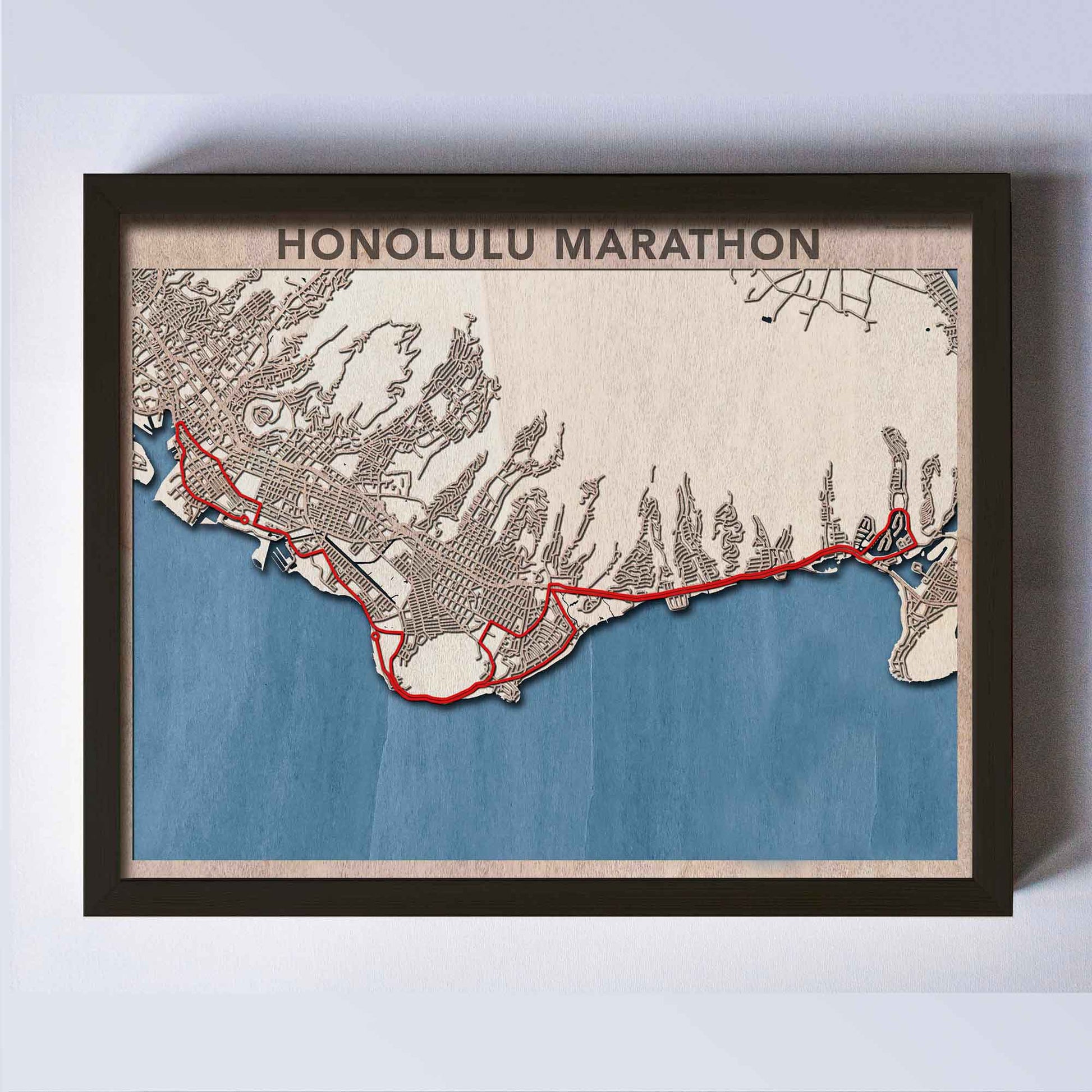 Honolulu Marathon Wooden Map by CityWood - Custom Wood Map Art - Unique Laser Cut Engraved - Anniversary Gift 