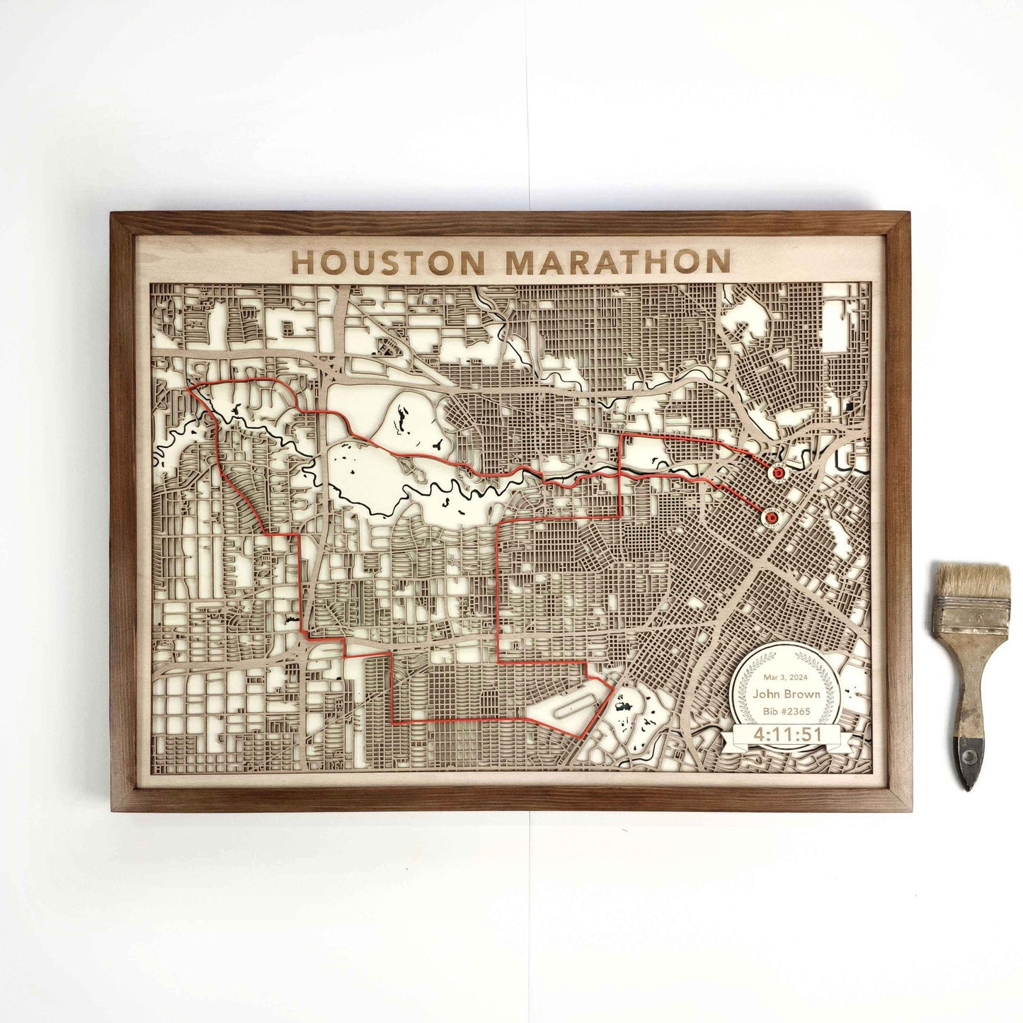 Houston Marathon Commemorative Wooden Route Map – Collector's Item by CityWood - Custom Wood Map Art - Unique Laser Cut Engraved - Anniversary Gift