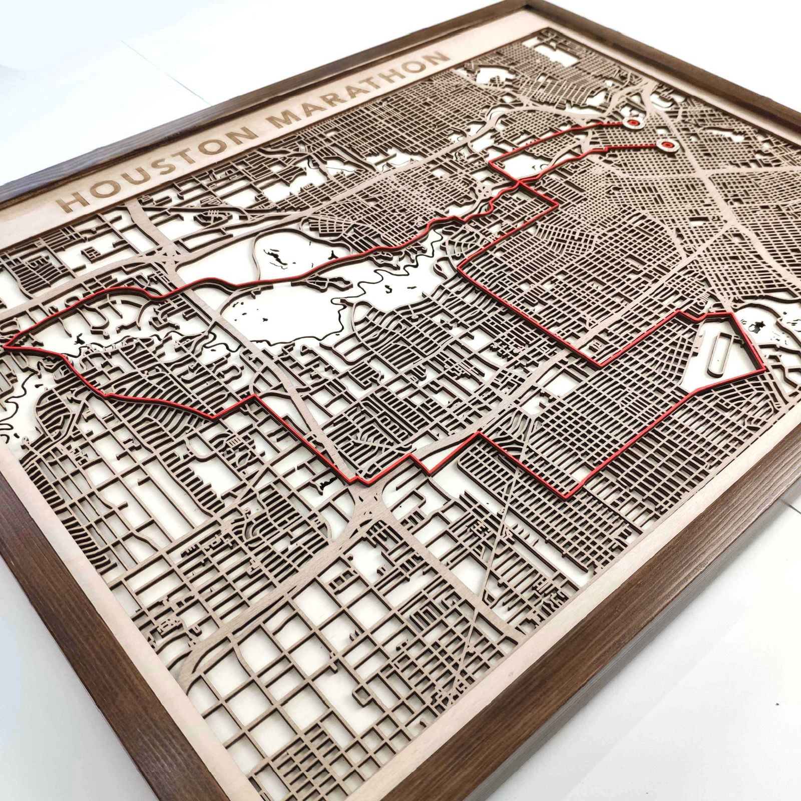 Houston Marathon Commemorative Wooden Route Map – Collector's Item by CityWood - Custom Wood Map Art - Unique Laser Cut Engraved - Anniversary Gift
