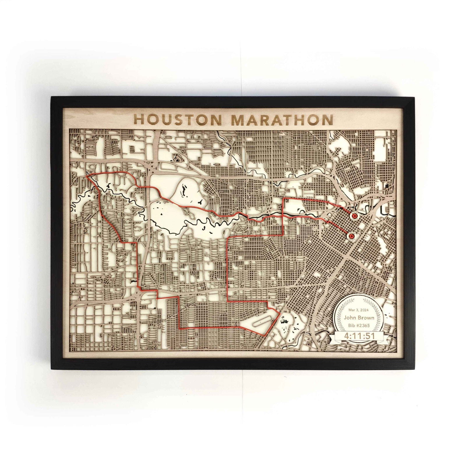 Houston Marathon Course Map - Wall Art Gift by CityWood - Custom Wood Map Art - Unique Laser Cut Engraved - Anniversary Gift