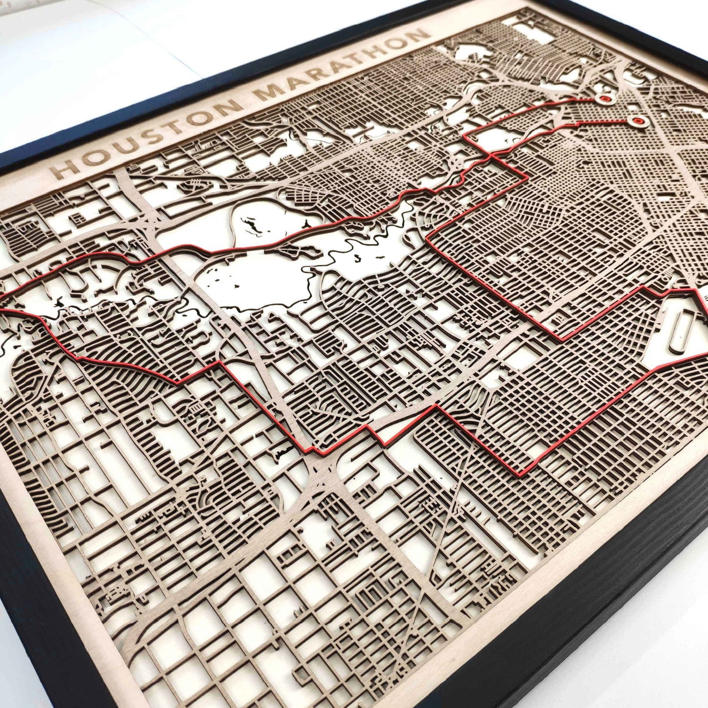 Houston Marathon Course Map - Wall Art Gift by CityWood - Custom Wood Map Art - Unique Laser Cut Engraved - Anniversary Gift