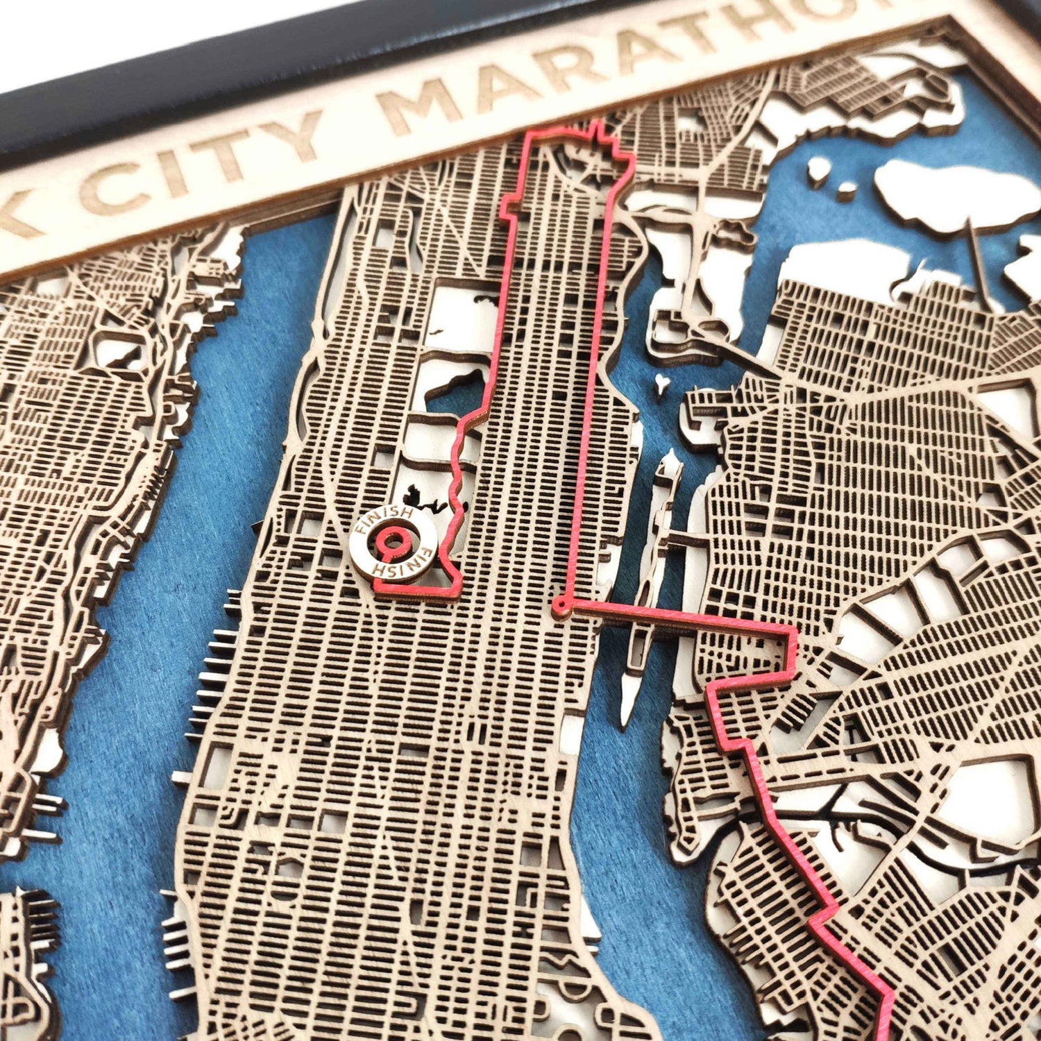 New York City Marathon 3D wooden course map with finisher medal display, handcrafted by CityWood