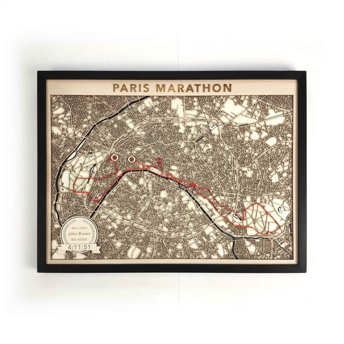 Paris Marathon Course Map - Wall Art Gift by CityWood - Custom Wood Map Art - Unique Laser Cut Engraved - Anniversary Gift