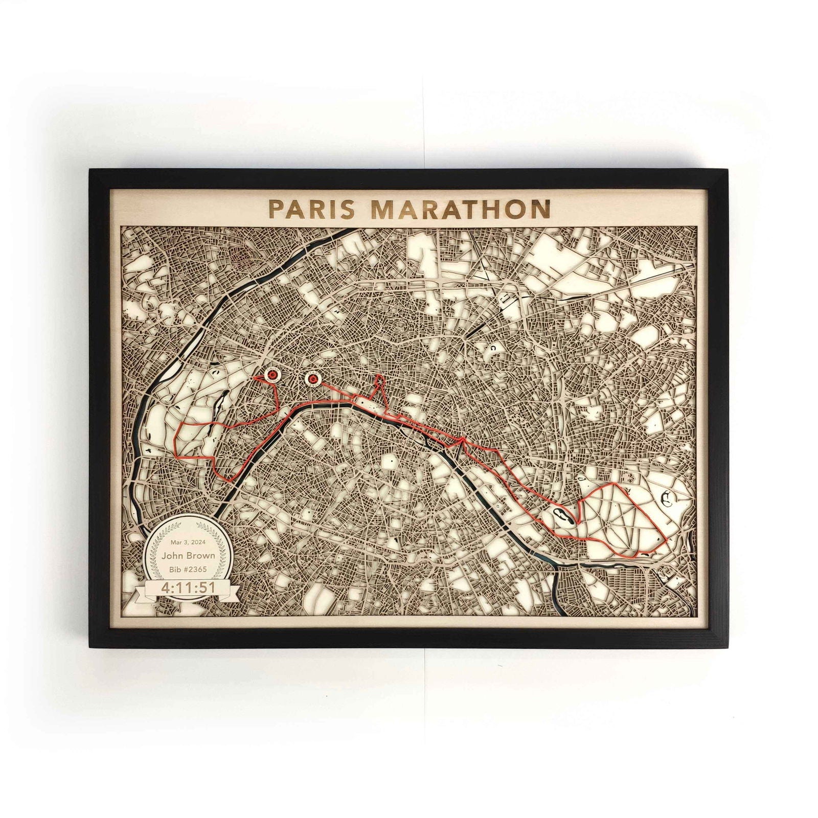 Paris Marathon Course Map - Wall Art Gift by CityWood - Custom Wood Map Art - Unique Laser Cut Engraved - Anniversary Gift