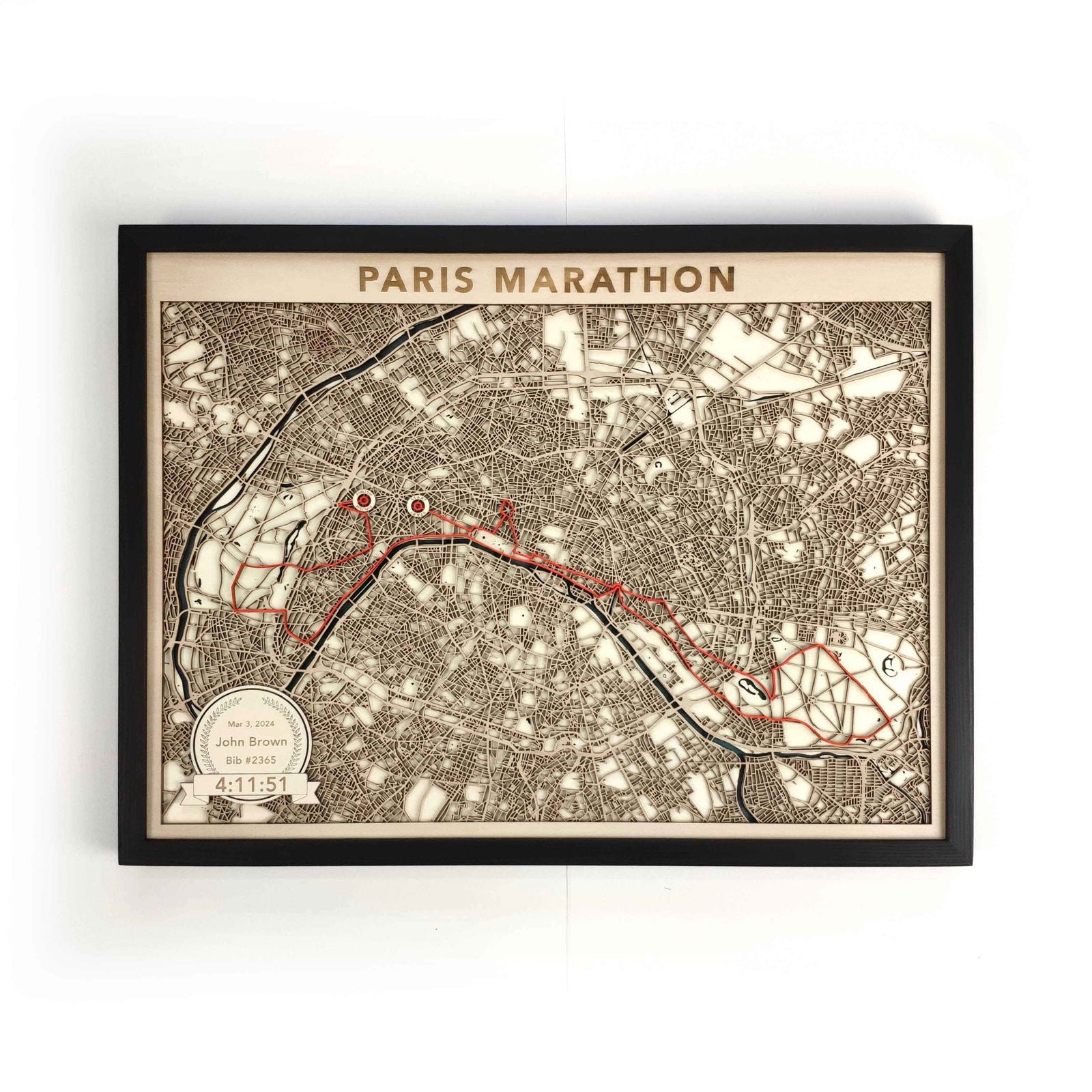 Paris Marathon Wooden Map by CityWood - Custom Wood Map Art - Unique Laser Cut Engraved - Anniversary Gift