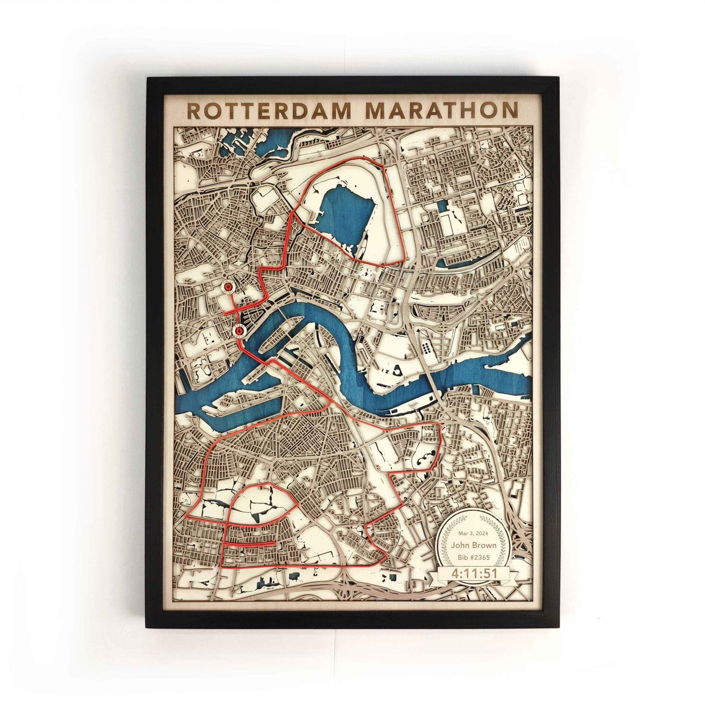 Rotterdam Marathon Course Map - Wall Art Gift by CityWood - Custom Wood Map Art - Unique Laser Cut Engraved - Anniversary Gift
