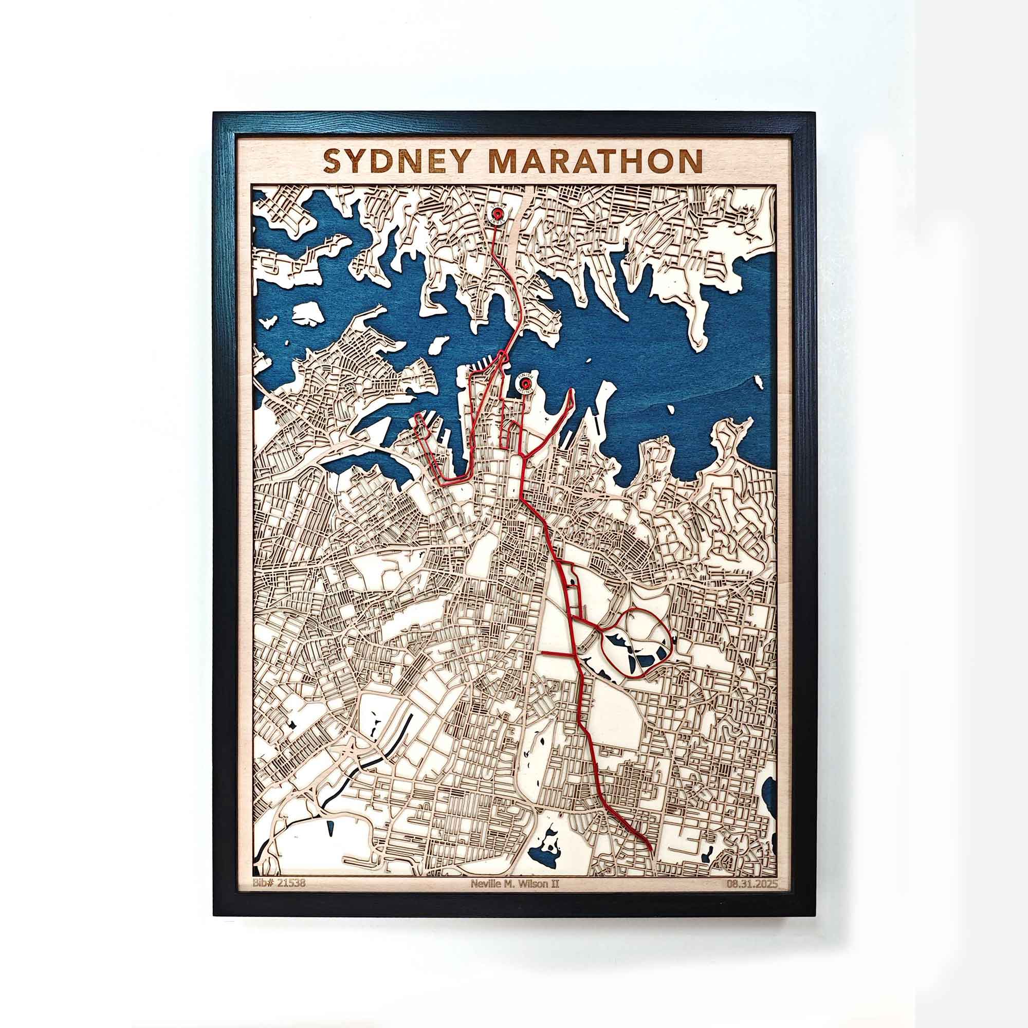 Sydney Marathon Wooden Map | Custom Engraved Race Course Keepsake