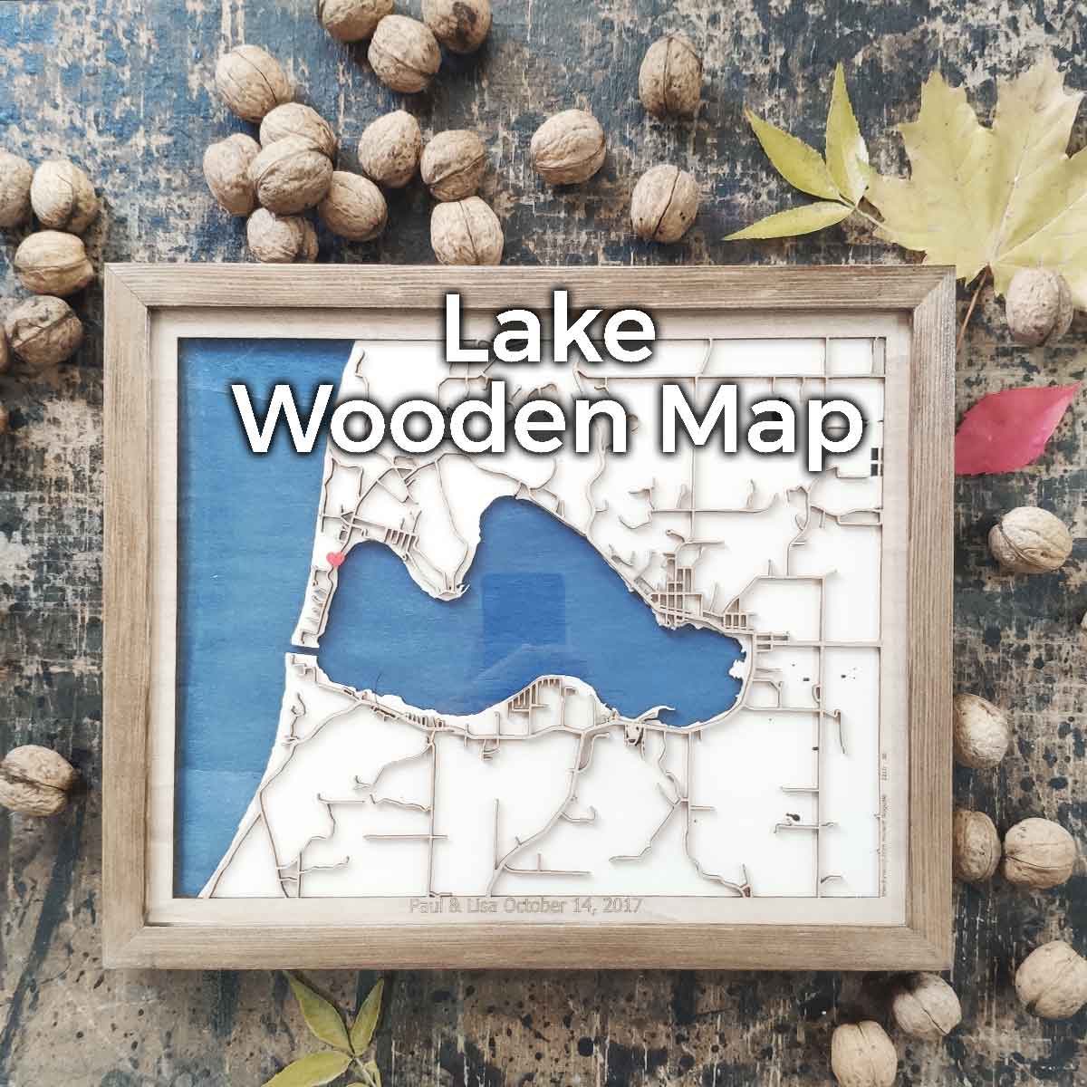 Lake Wooden Map by CityWood - Custom Wood Map Art - Unique Laser Cut Engraved - Anniversary Gift